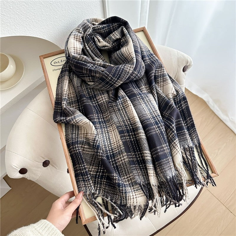 Color Block Plaid Fringe Scarf