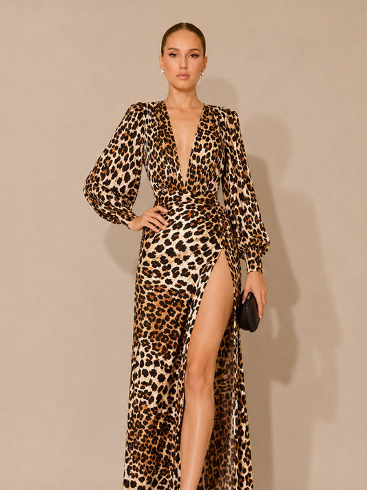 Leona Sexy V-Neck Leopard Print Maxi Dress