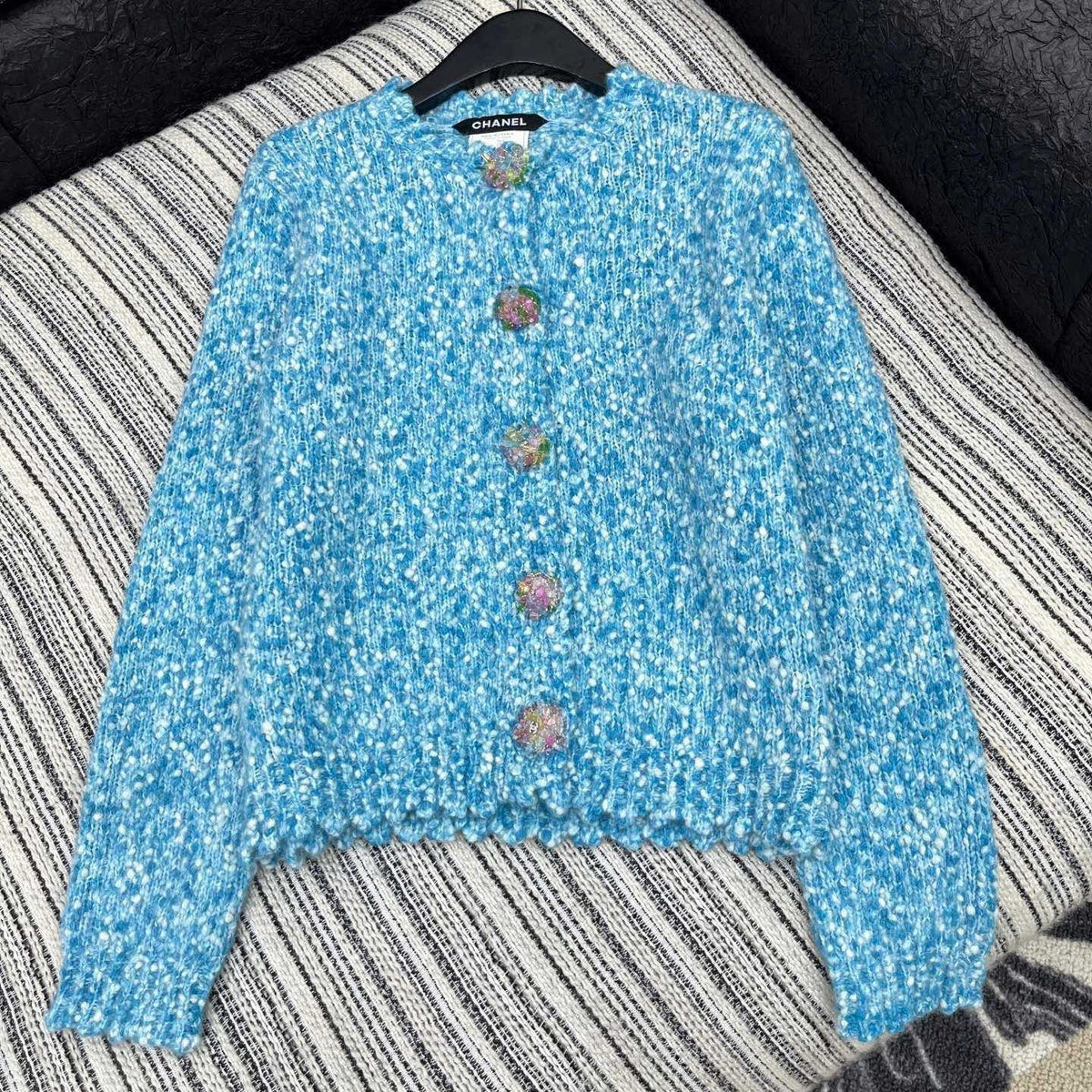 CC 2025 Jacket with Large Rhinestone Button Blue Wool 325884