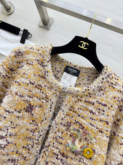 CC Cardigan Jacket Beige Multicolor Sheep Wool Tweed 343317