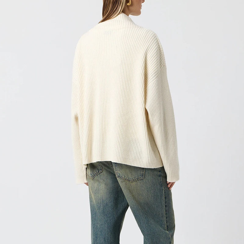 Simple Ribbed Knit Mock Neck Zip Up Cardigan