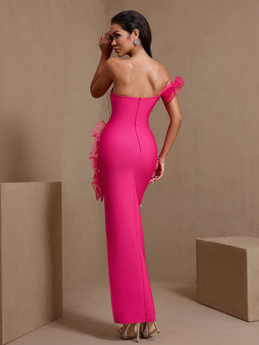 Kiana Pearl Embellished Asymmetric Bandage Maxi Dress