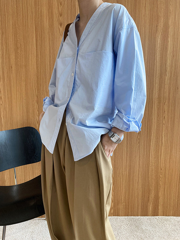 Long Sleeves Loose Buttoned Solid Color Split-Joint V-Neck Blouses&Shirts Tops