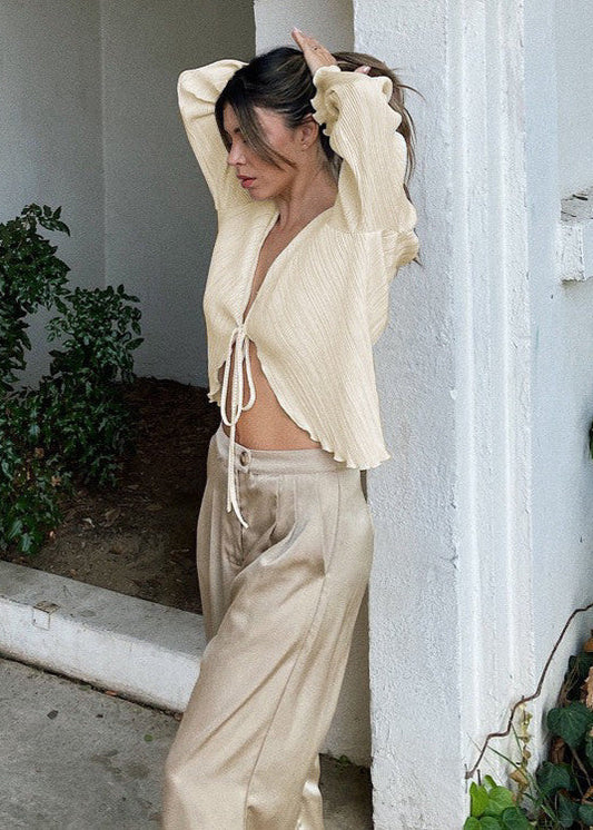 Drape Tie Front Lightweight Pleated Blouse