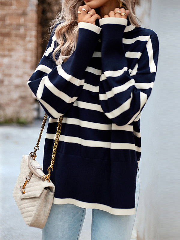 Loose Wrap Contrast Color Split-Side Striped High-Neck Sweater Tops