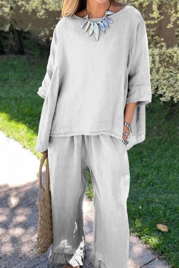 Casual Solid Color Loose Top \u0026 Pants Cotton Linen Two-piece Set
