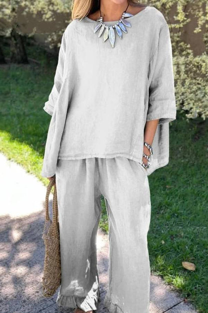 Casual Solid Color Loose Top \u0026 Pants Cotton Linen Two-piece Set