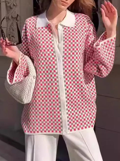 Long Sleeves Loose Plaid Split-Joint Lapel Cardigan Tops Sweater Tops