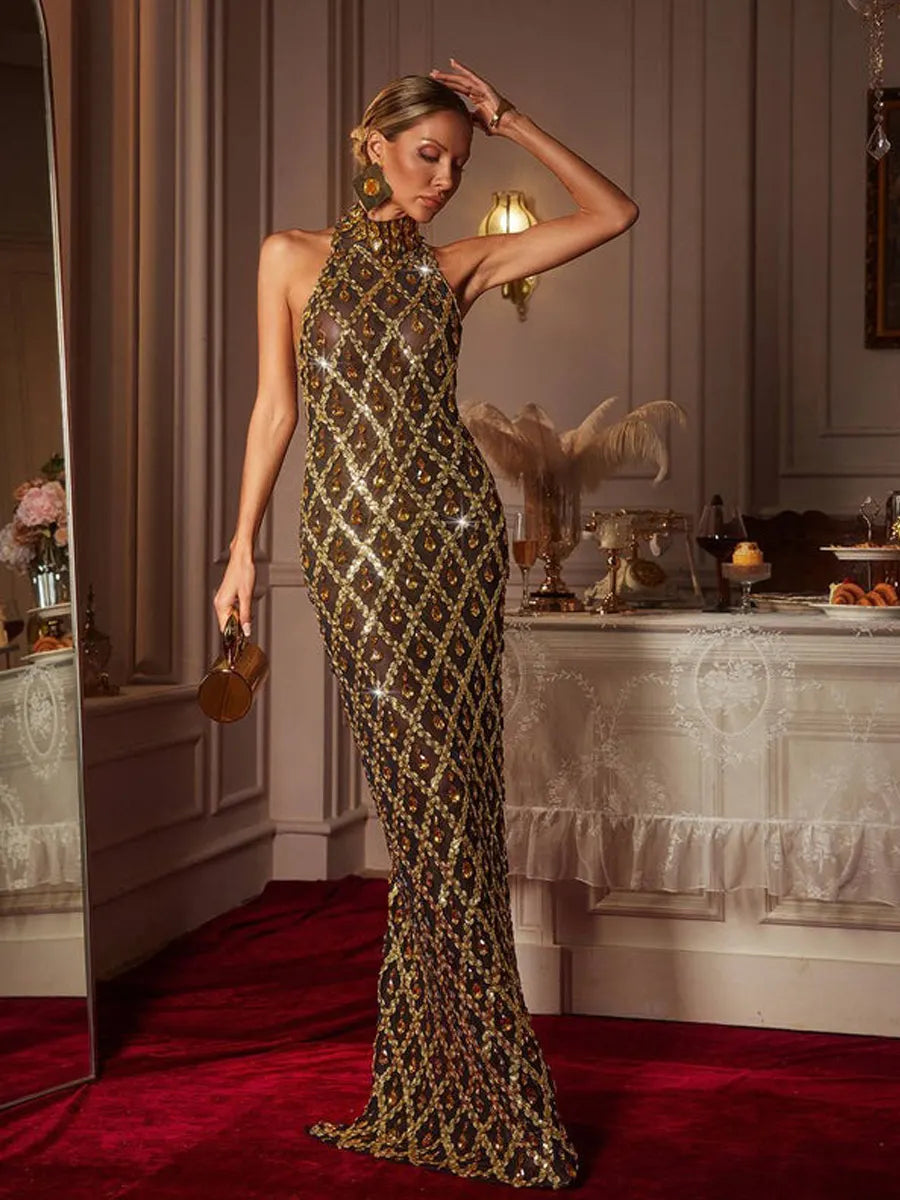Mariana Sequin Crystal Maxi Dress In Gold