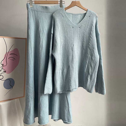 Solid Color Loose Knit Sweater Maxi Skirt Set