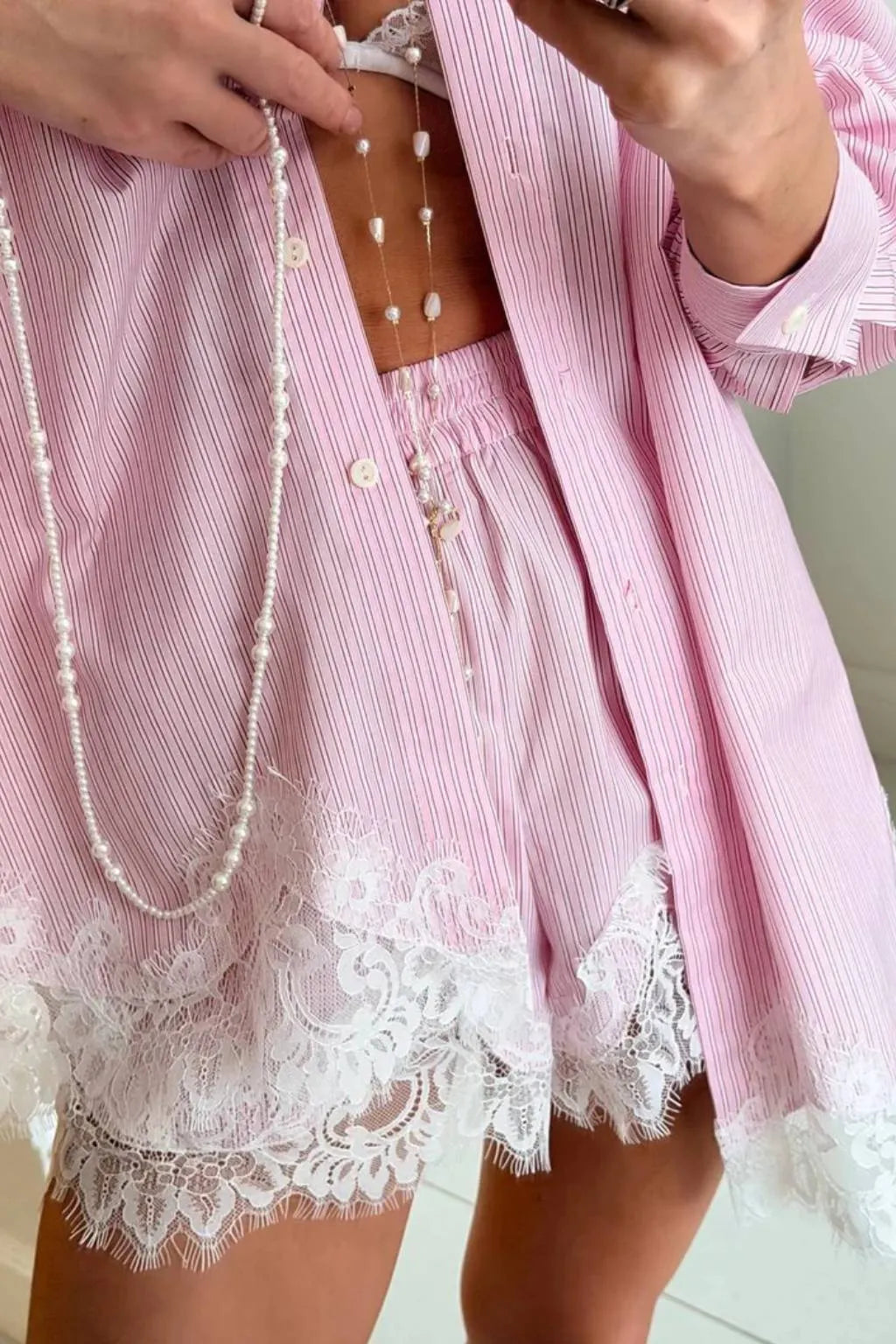 Emma Lapel Long-Sleeve Shirt & Lace-Paneled Shorts Set