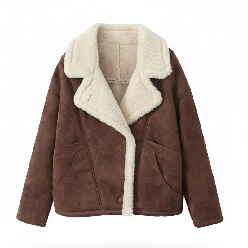 Trendy Lapel Collar Loose Warm Lamb Wool Coat