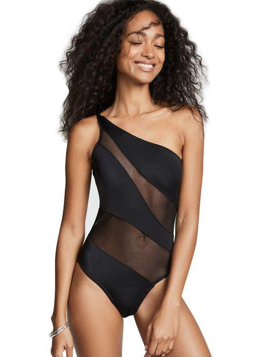 New Sexy One-Shoulder Gauze Stitching Covering Belly Slimming One-Piece Swimsuit
