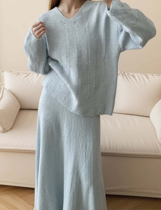 Solid Color Loose Knit Sweater Maxi Skirt Set