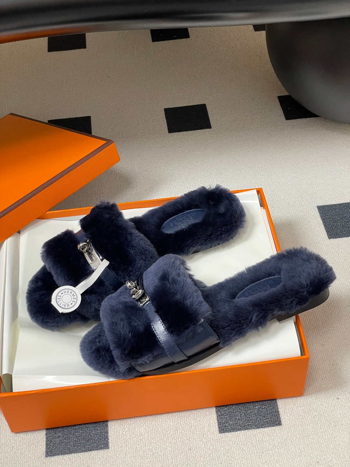 Hermes Giulia Kelly Buckle H-Slippers Navy Blue in Wool 594324