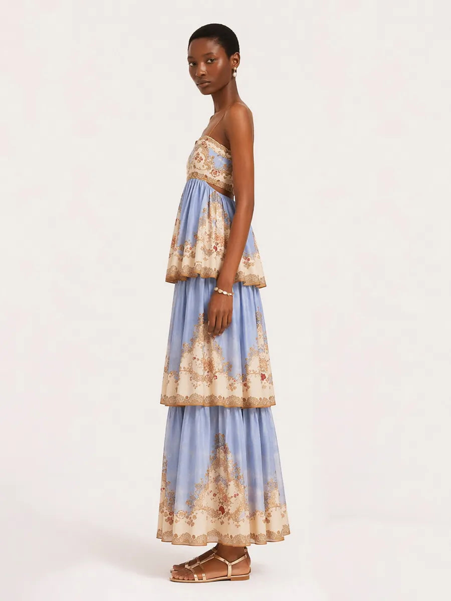 Sienna Layered Printed Spaghetti Strap Maxi Dress