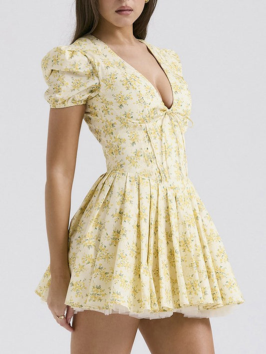 Puffy Sleeves V-Neck A Line Mini Dress