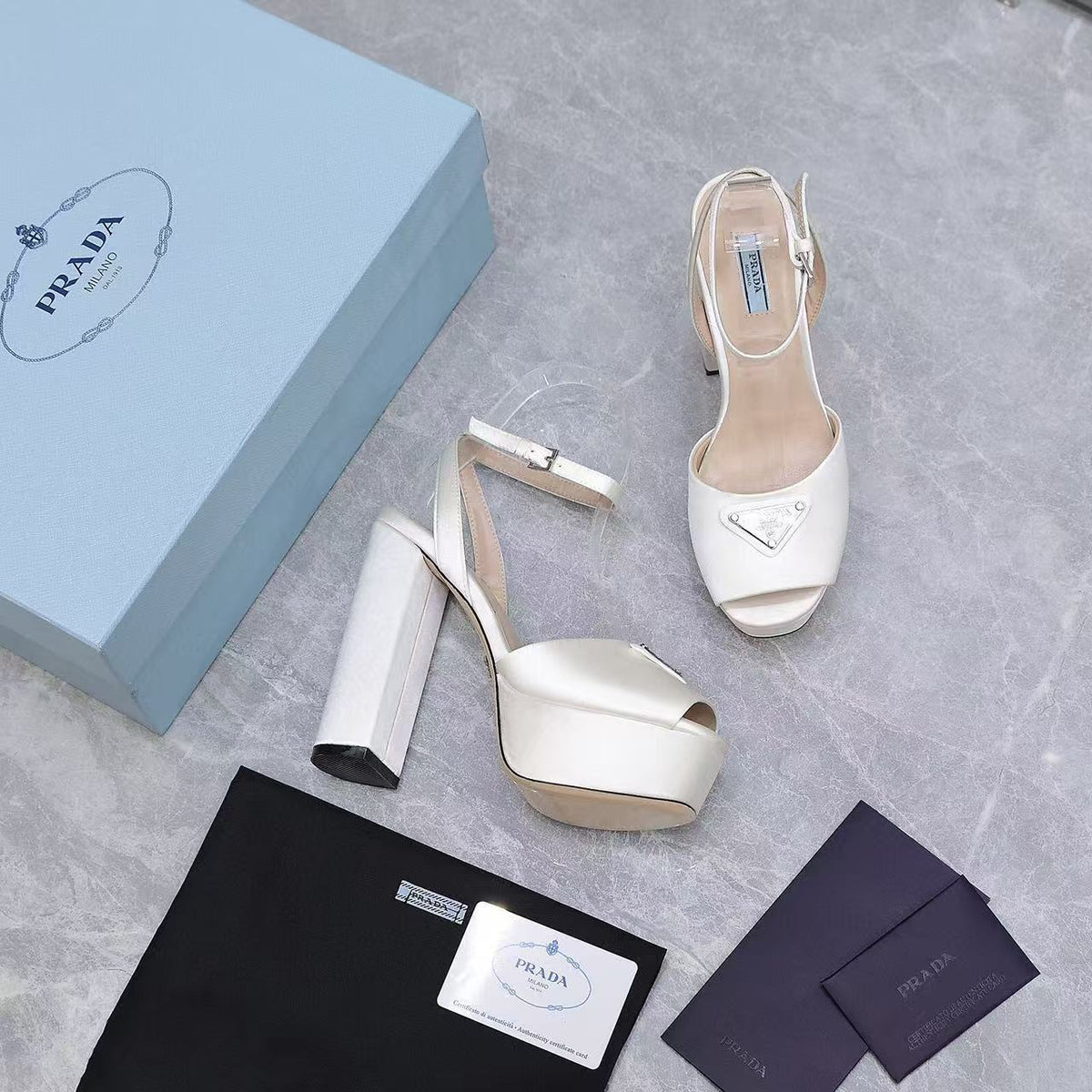 Prada Platforms 130mm High Heel White Silk Sandals