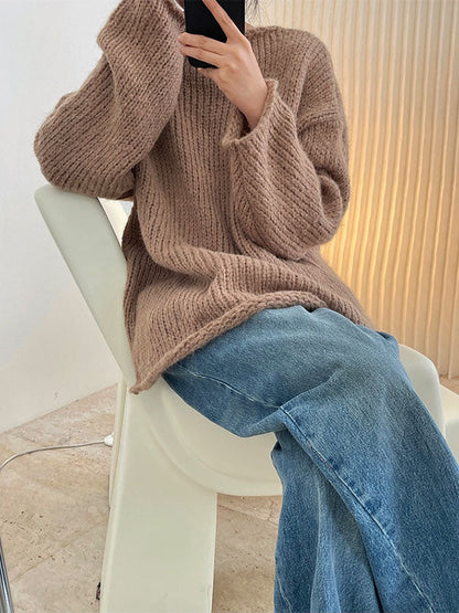 Casual Loose Long Sleeves Split-Side Solid Color High-Neck Sweater Tops