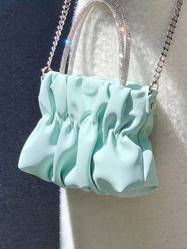 Chains Pleated Rhinestone Solid Color Zipper Crossbody Bags Accessories
