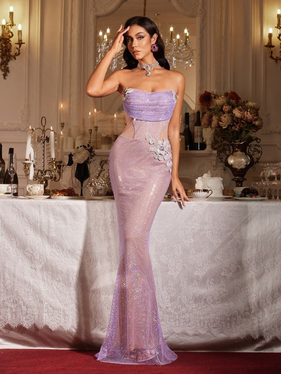 Marissa Strapless Flower Rhinestone Maxi Dress