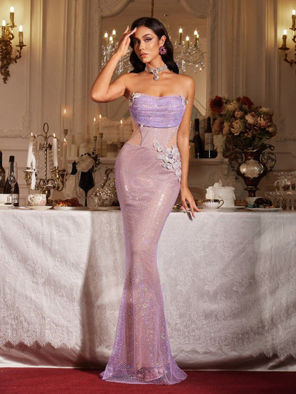 Marissa Strapless Flower Rhinestone Maxi Dress