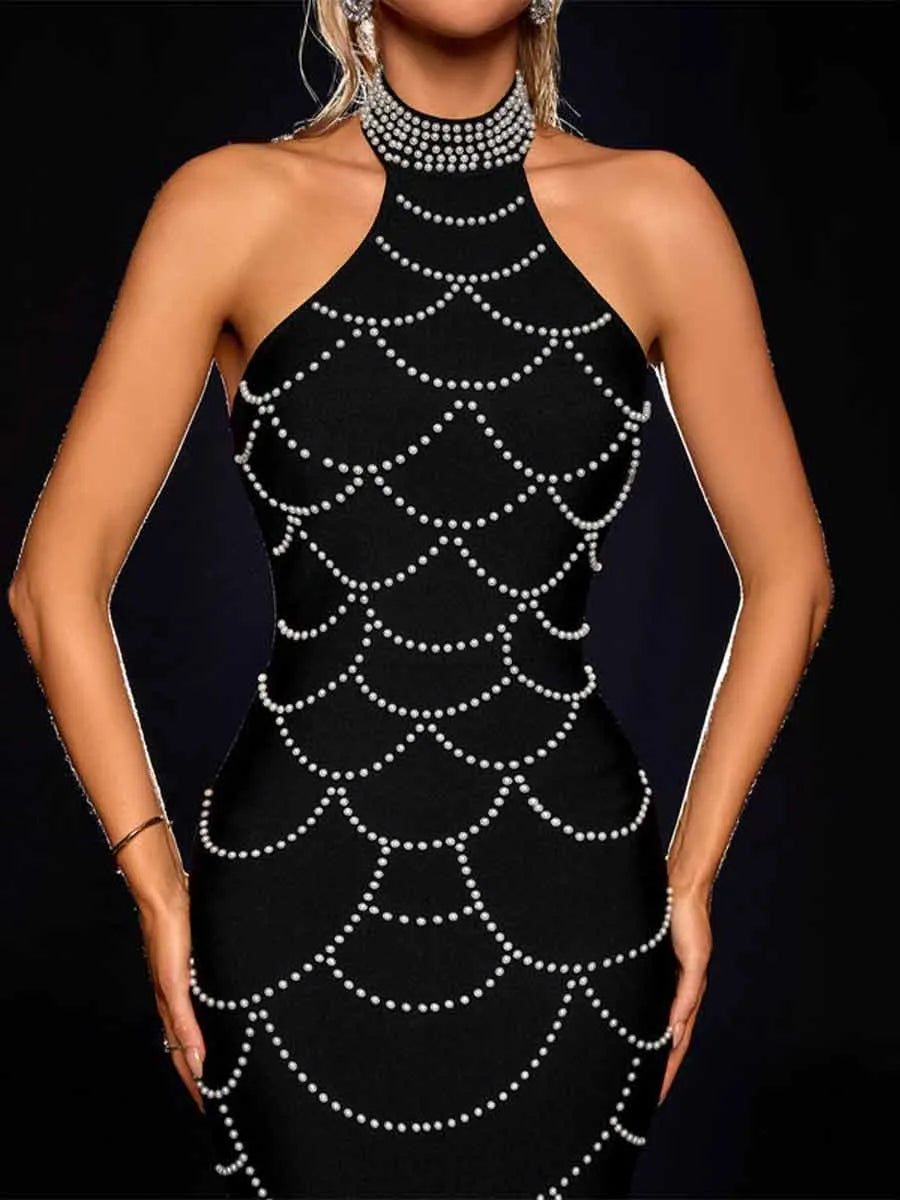 Aida Pearl Chain Web Bandage Maxi Dress