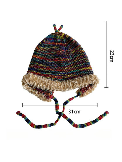 Haila - Retro Colorful Knitted Beanie with Chin Ties