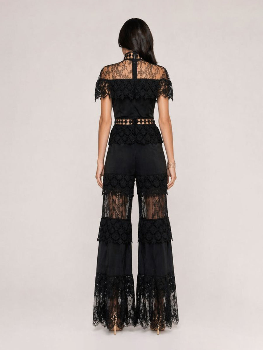 Ivana Elegant High-Neck Ruffled Short-Sleeved Lace Set