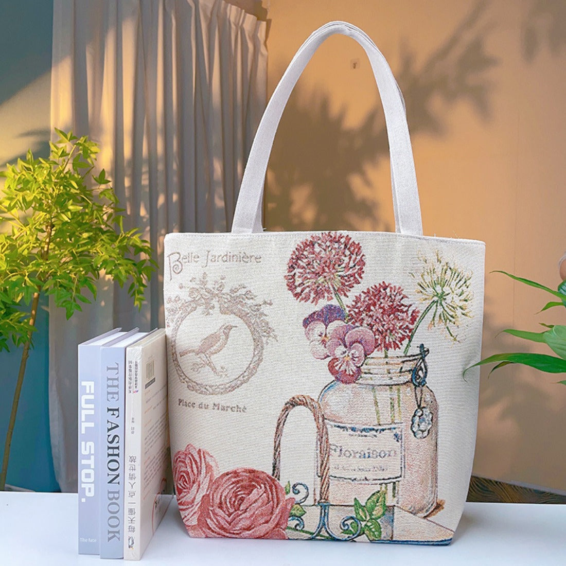 Cosbai - Flower-in-a-Bottle Embroidered Canvas Bag