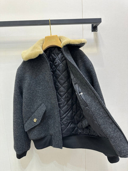 Miu 25 FW Collar Coat Dark Grey Sheep Wool 346114