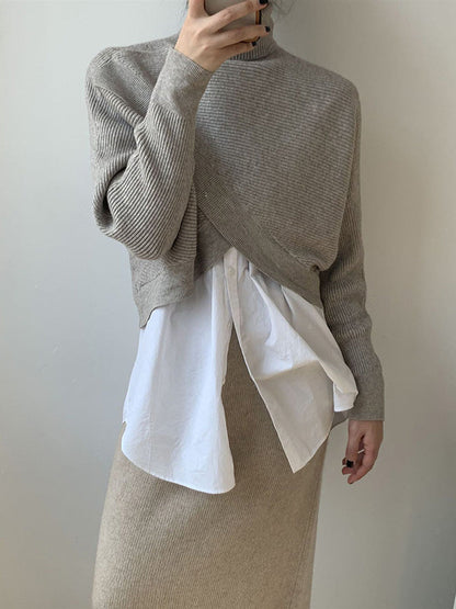 Stylish 4 Colors Knitting High-Neck Asymmetric Split-Front Sweater