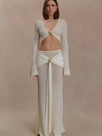 Luna Crochet Gold-Button Two-Piece Maxi Set