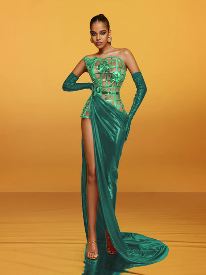 Aethon Strapless Metallic Flower Maxi Dress