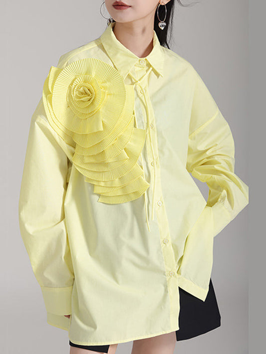 Solid Color Three-Dimensional Flower Long Sleeves Buttoned Blouses