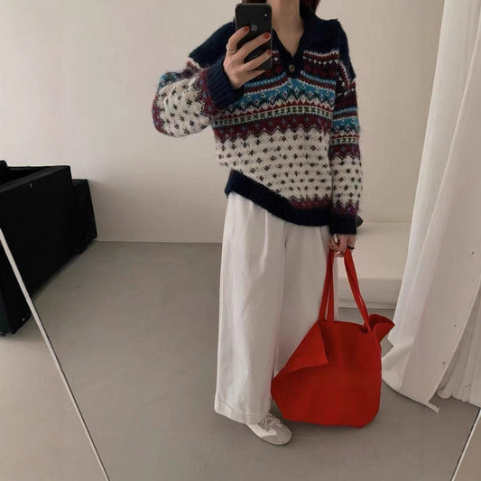 Fair Isle Christmas Sweater Women's Polo Neck Knitwear