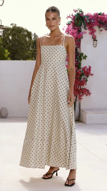 Nicole Spaghetti_Strap Maxi Dress - Beige/Black Polka Dot