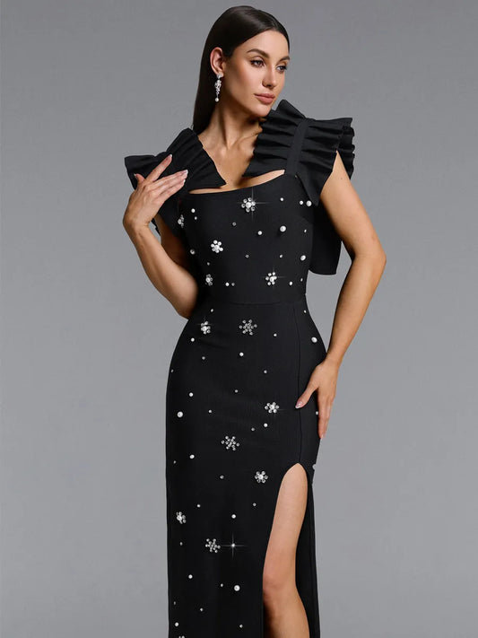 Alissa Pleated Strap Rhinestone Bandage Maxi Dress