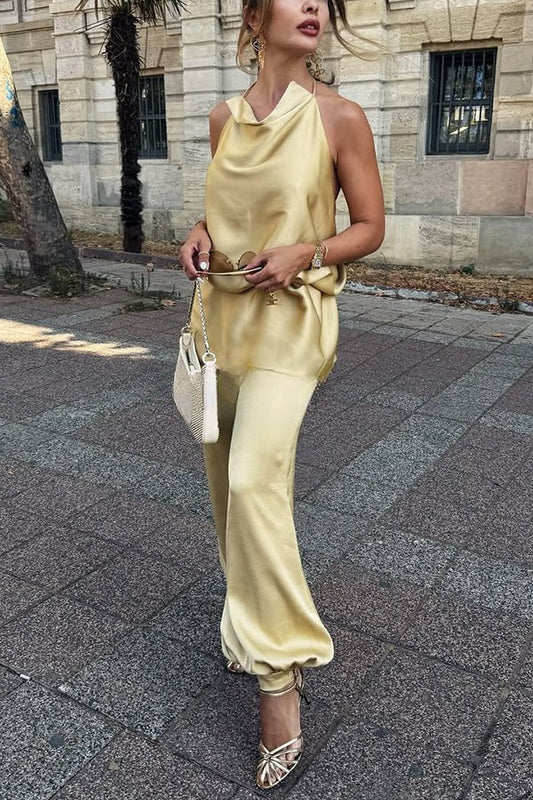 Satin Solid Pocket Loose Casual Pants