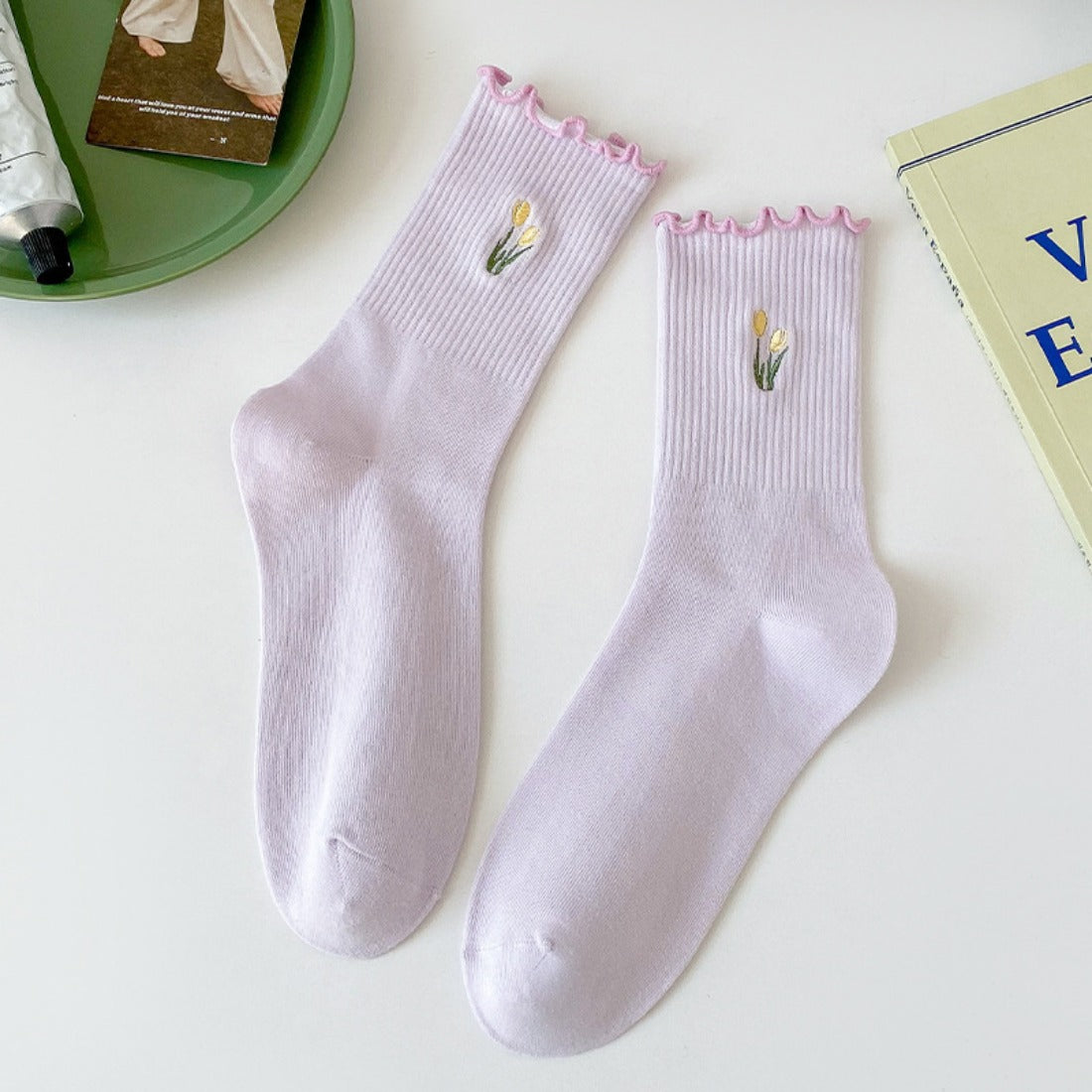 Rufia - Floral Embroidered Ruffled Mid-Calf Socks