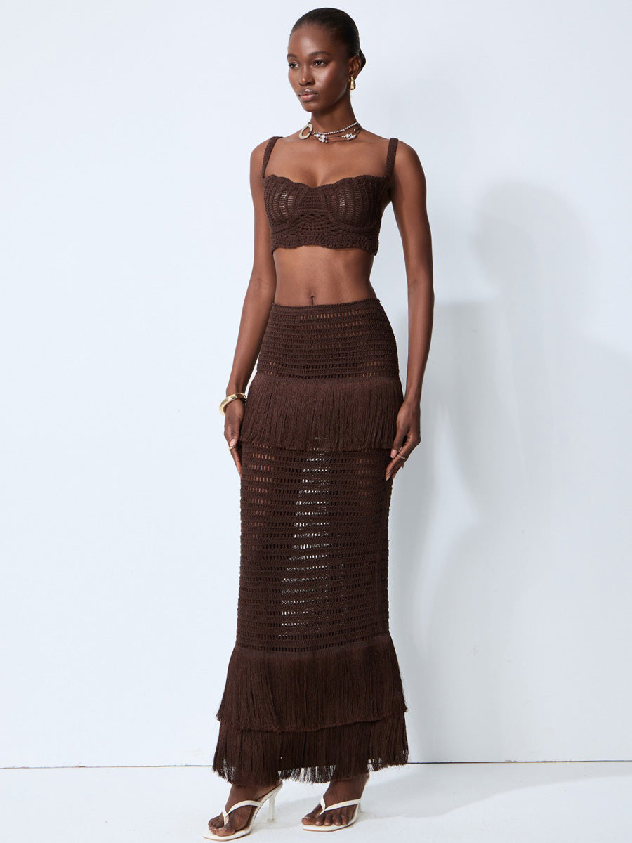 Julia Brown Crochet Knit Top & Fringe Skirt Set