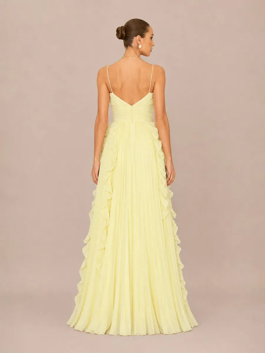 Marisol V-Neck Sleeveless Fitted Ruffled Pleated Maxi Dress