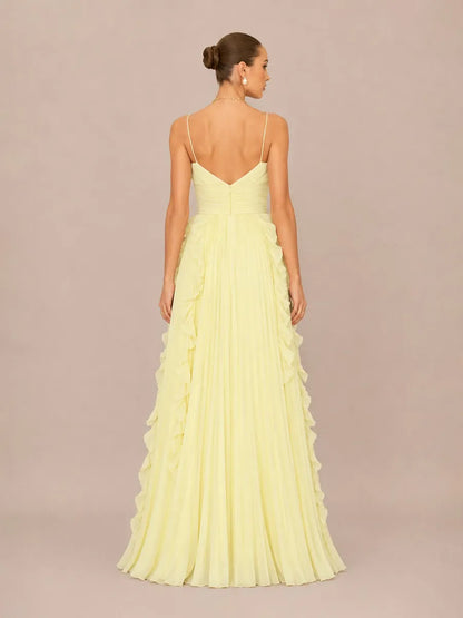 Marisol V-Neck Sleeveless Fitted Ruffled Pleated Maxi Dress
