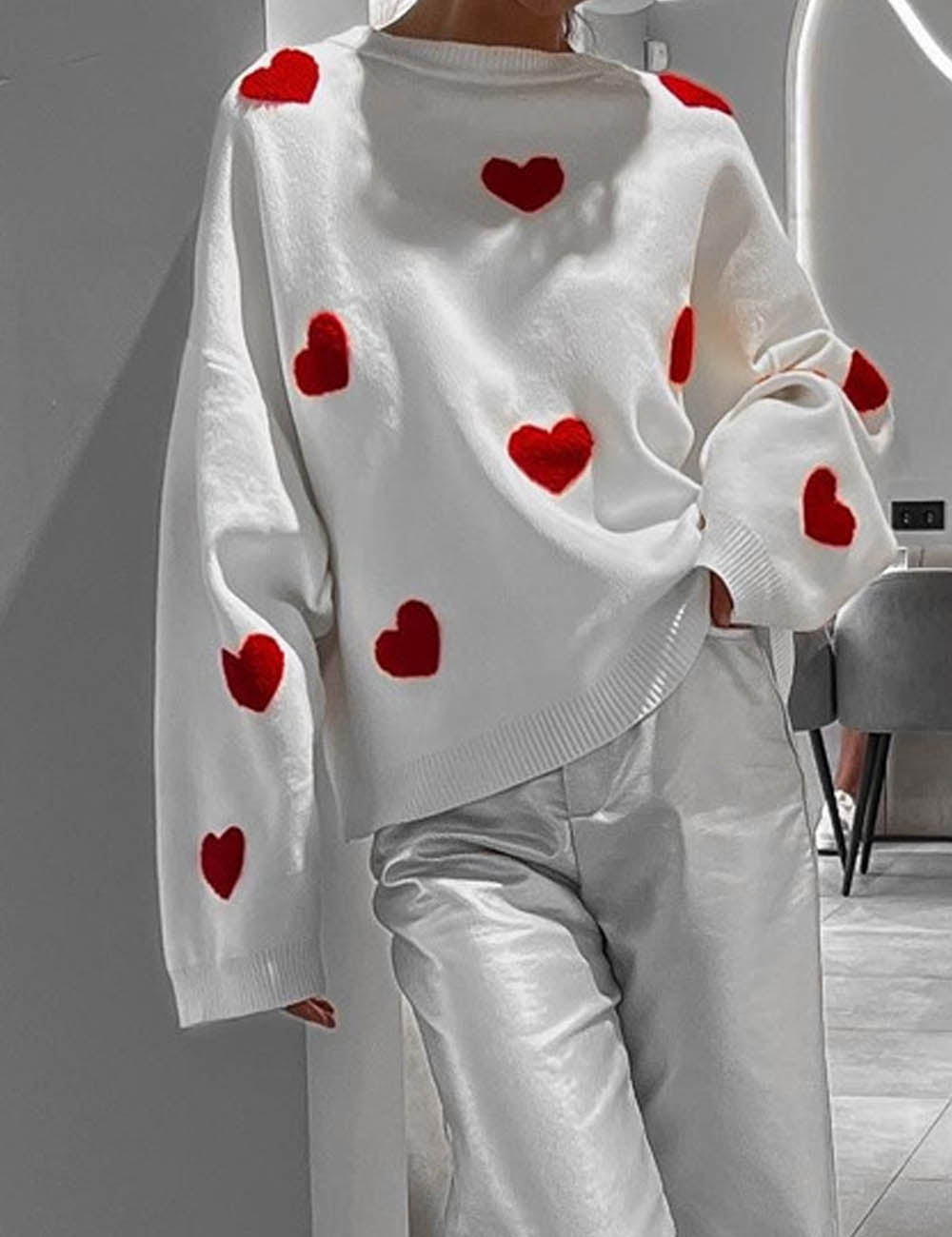 Casual Heart Embroidery Thicken Warm Knit Sweater