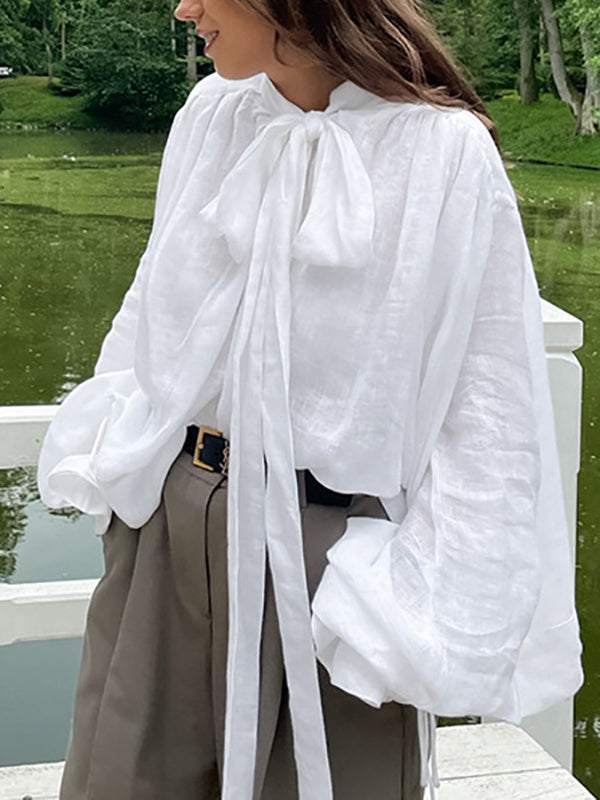 Loose Puff Sleeves Bandage Solid Color Blouses&Shirts Tops