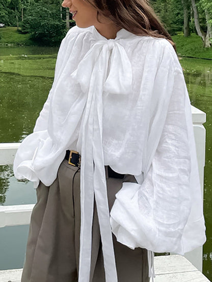 Loose Puff Sleeves Bandage Solid Color Blouses&Shirts Tops