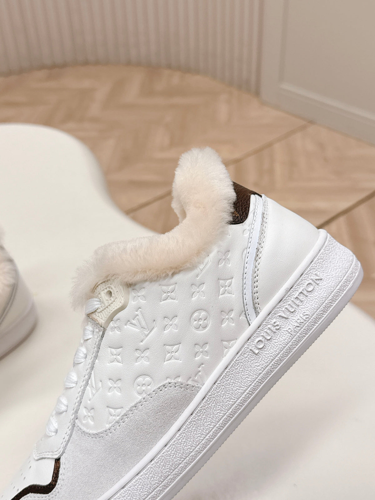 LV Stadium Sneaker White Brown Monogram Canvas Cowhide Wool 595426
