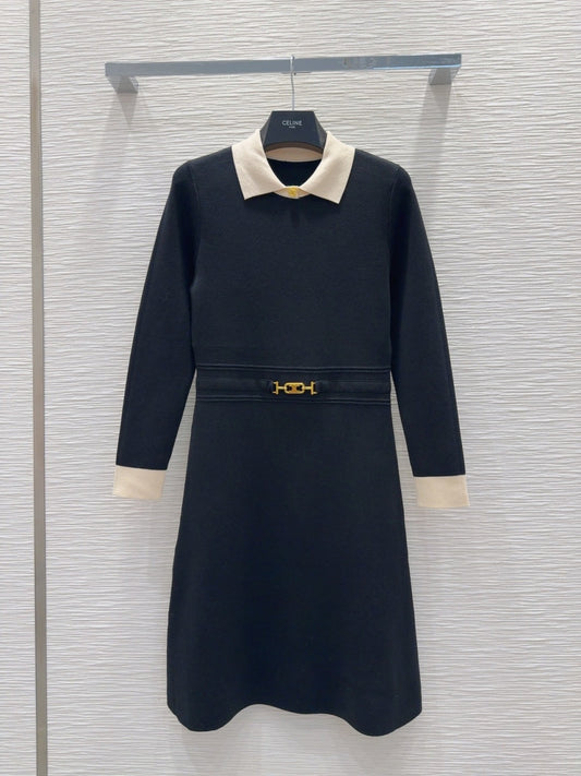 Celine 2025 A-line Dress Black mix White Tencel cotton