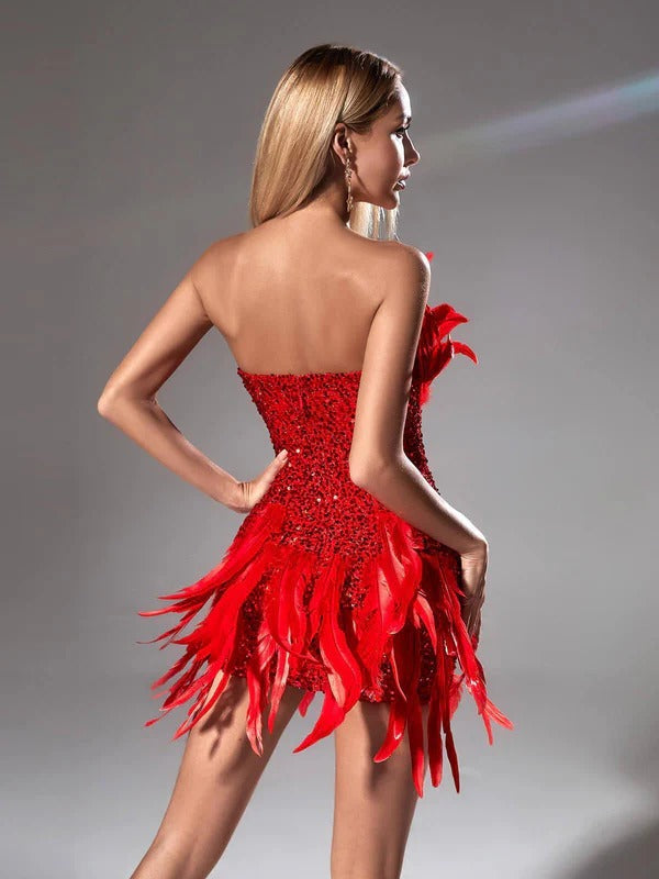 Eleri Strapless Sequin Feather Mini Dress