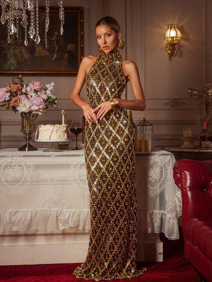 Mariana Sequin Crystal Maxi Dress In Gold
